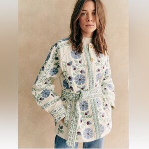 NWT Sezane Renato Embroidered Floral Sezane Organic Cotton Belted Jacket US 2